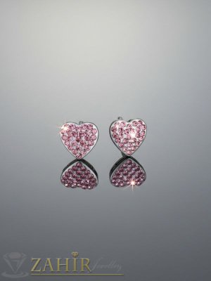 Много нежни кристални обеци сърца 1,2 см от медицинска стомана със светлорозови кристали, закопчаване на щифт - O3168